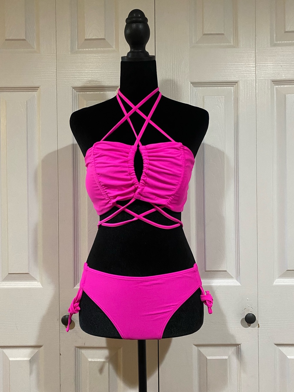 Hot Pink Halter Neck Drawstring Detail Bikini Set